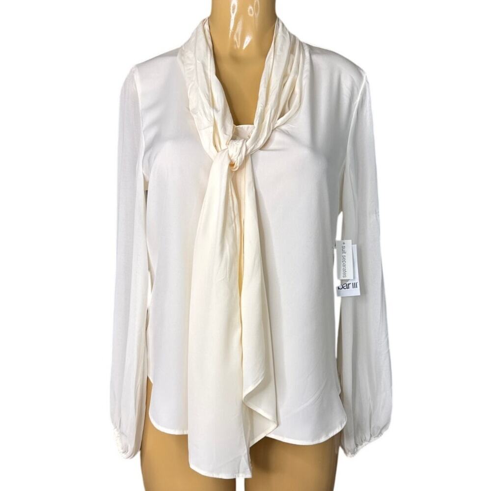 Bar III Bow Tie Neck Sheer Long Sleeve Blouse Bar White Ivory Size Medium NWT